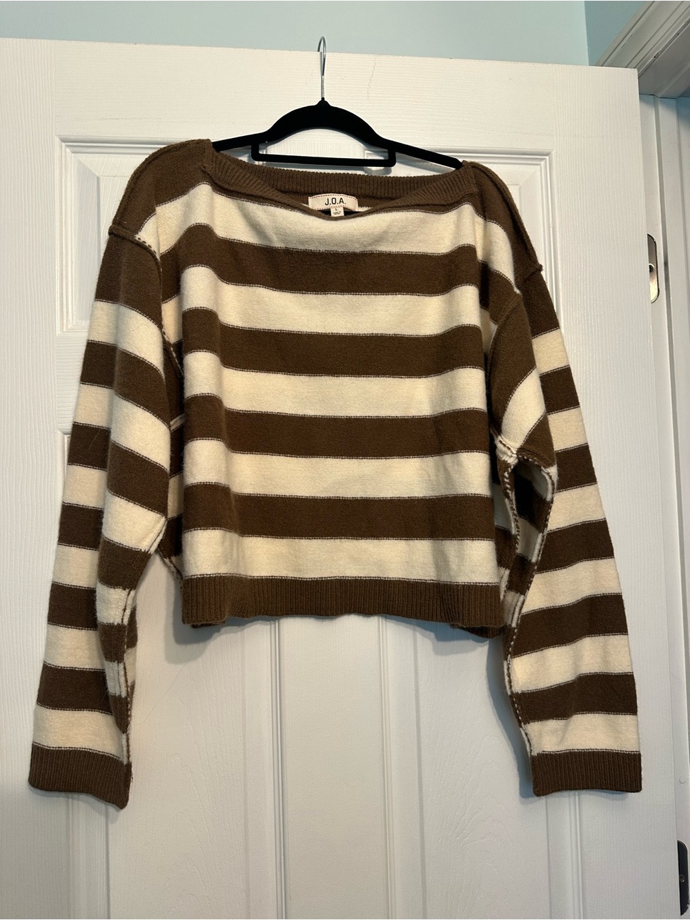 J.O.A. Striped Crewneck Sweater in Brown and Cream